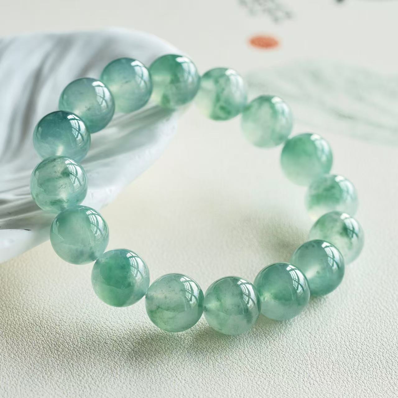 高冰飘花圆珠手串天然翡翠男款缅甸天然A货翡翠时尚百搭单圈珠珠