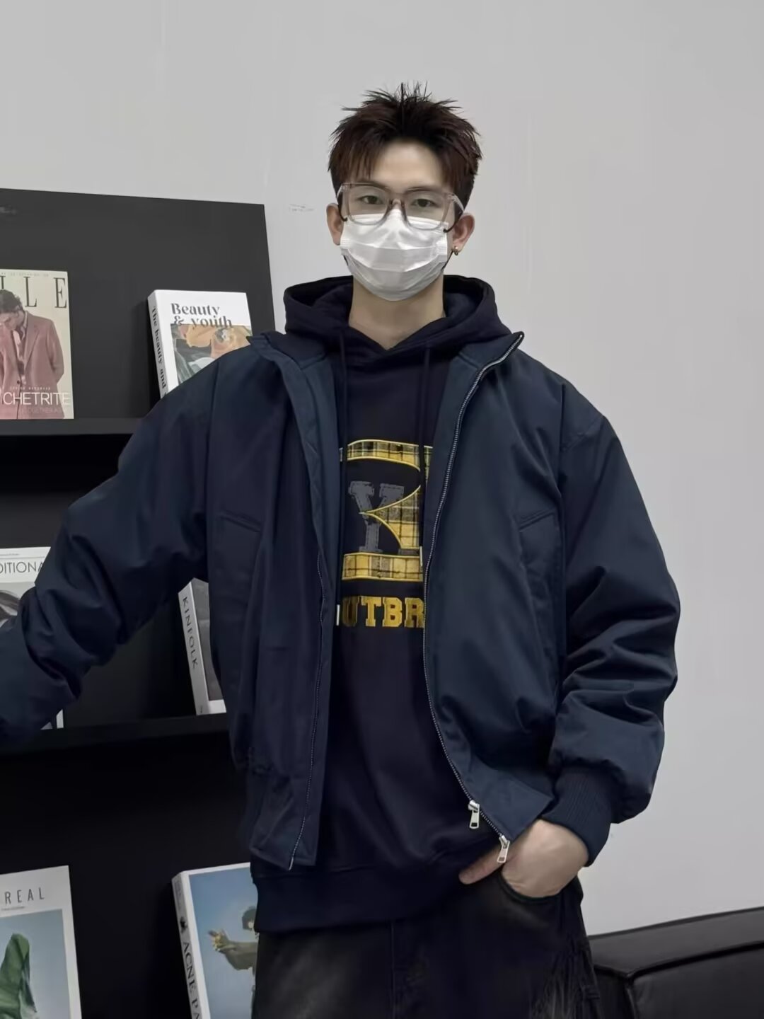 潮牌冬季男生美式复古飞行员夹克棉服立领加服宽松百搭上衣棉袄