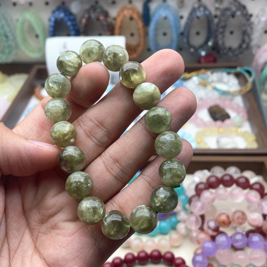 银S925镶嵌烟晶手链12咪绿祖母