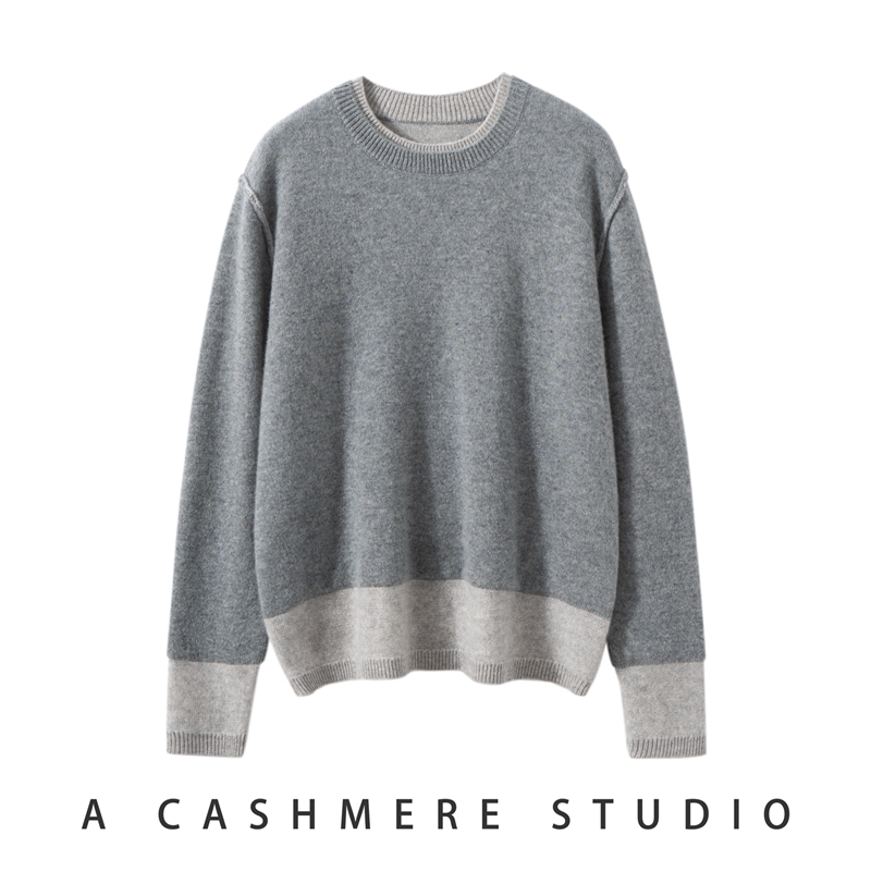 【100%山羊绒】双层领针织拼色圆领套头毛衣