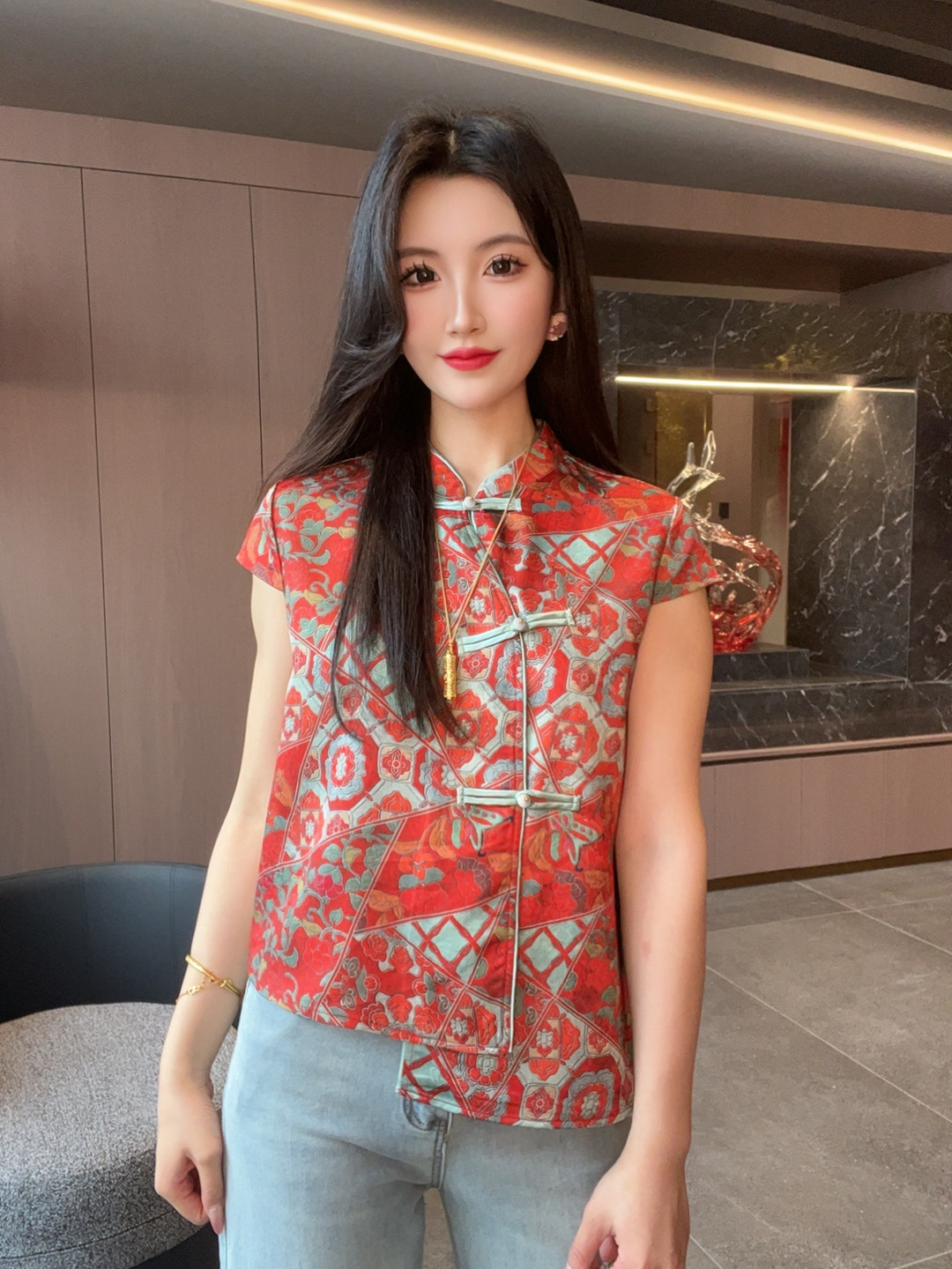 【吉妍】夏季2025新款上衣小衫新中式女装国风立领提花气质飞袖衬衫