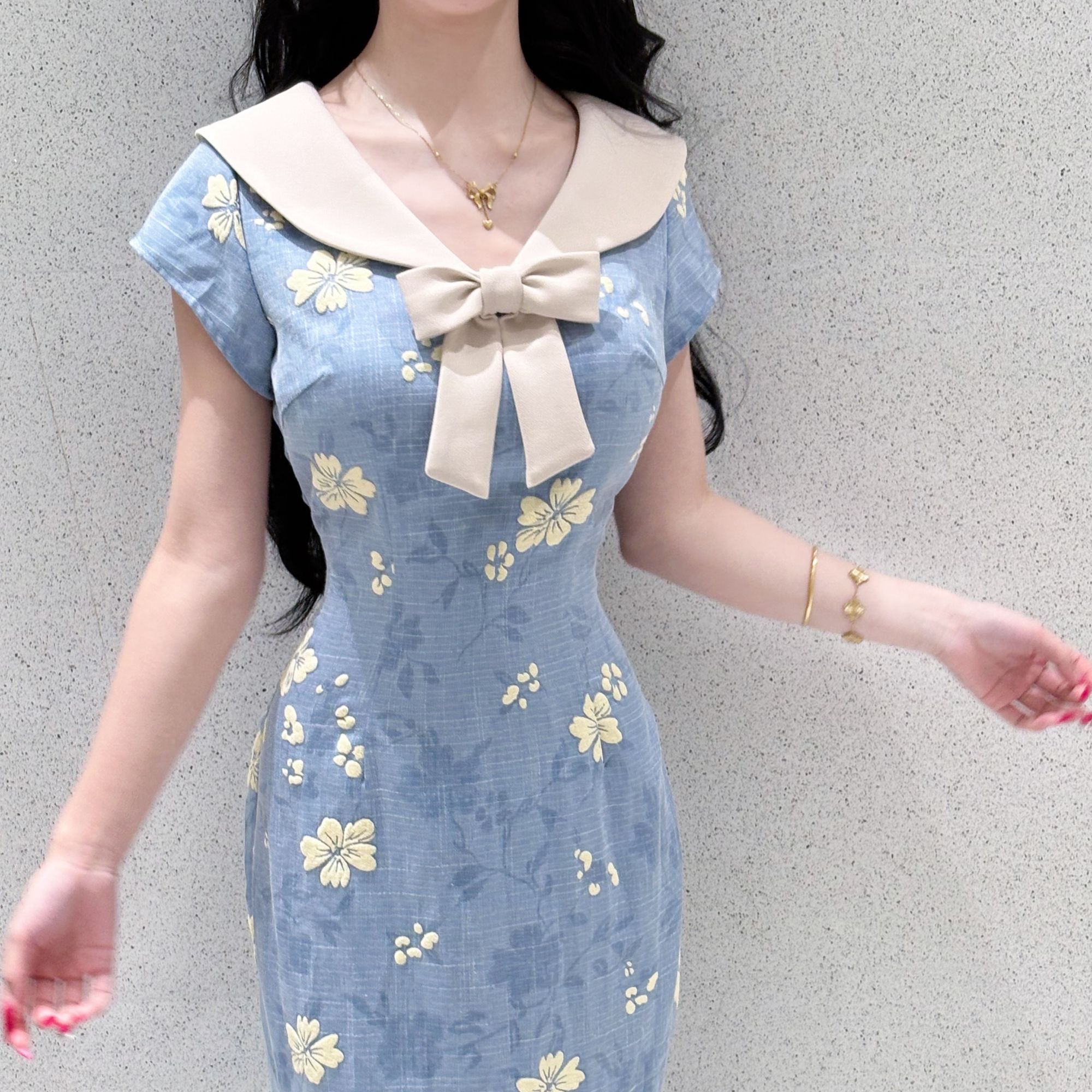 LHMknk1画报夫人学院风新中式蓝色旗袍 长款棉花糖 特价不退不换
