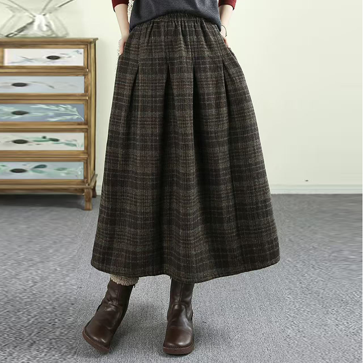 【曼迪芬妮】MY060半身毛呢裙文艺时尚条纹格子格纹百搭复古半身裙