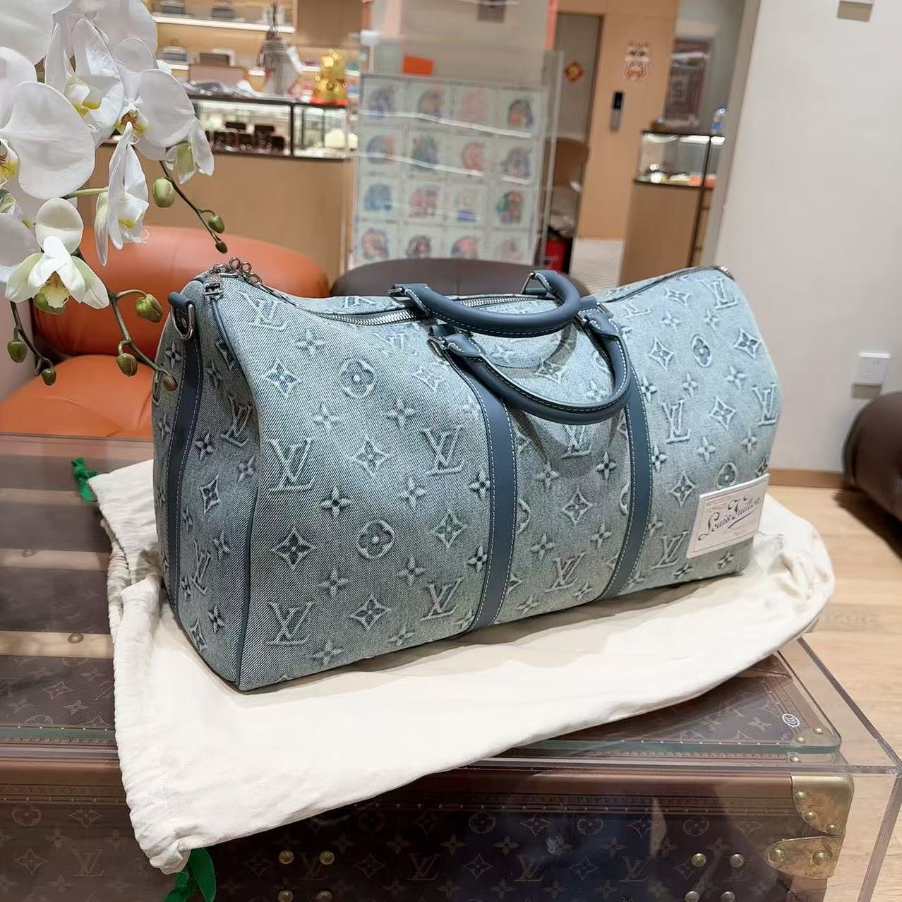 99新 LV keepall丹宁牛仔旅行袋