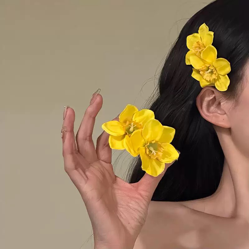 明媚黄色双生花朵发夹发饰高级感甜美可爱侧边夹发卡百搭头饰白白