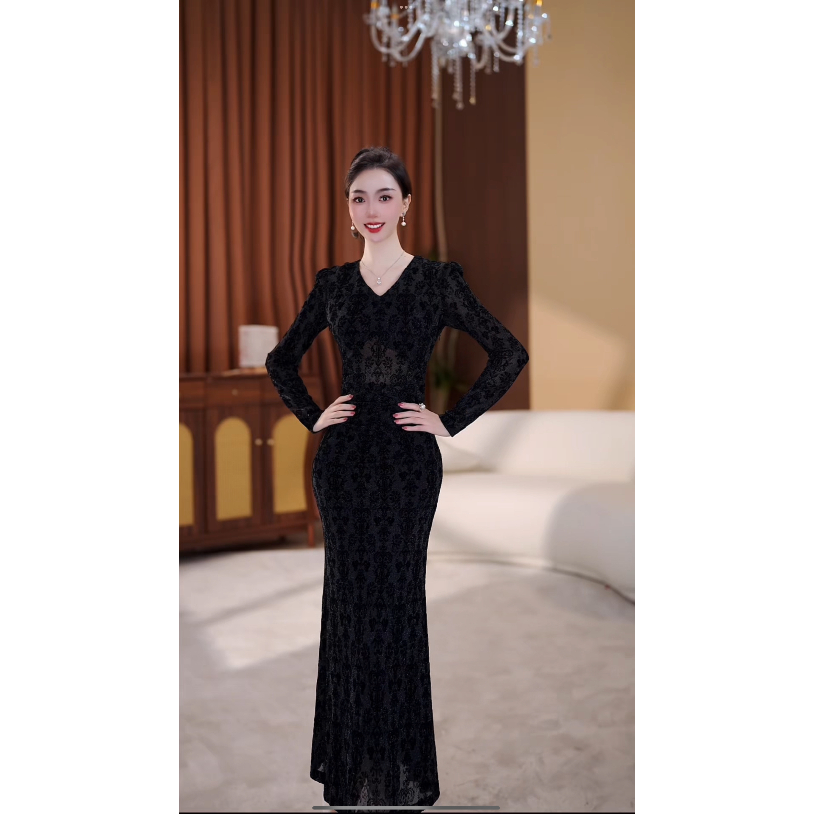 【菀素素】南法旧梦冬季新款高级法式气质显瘦鱼尾连衣裙-YL11208