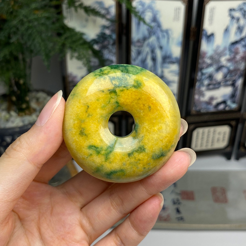 老料黄加绿回纹平安扣怀古挂件 天然翡翠A货