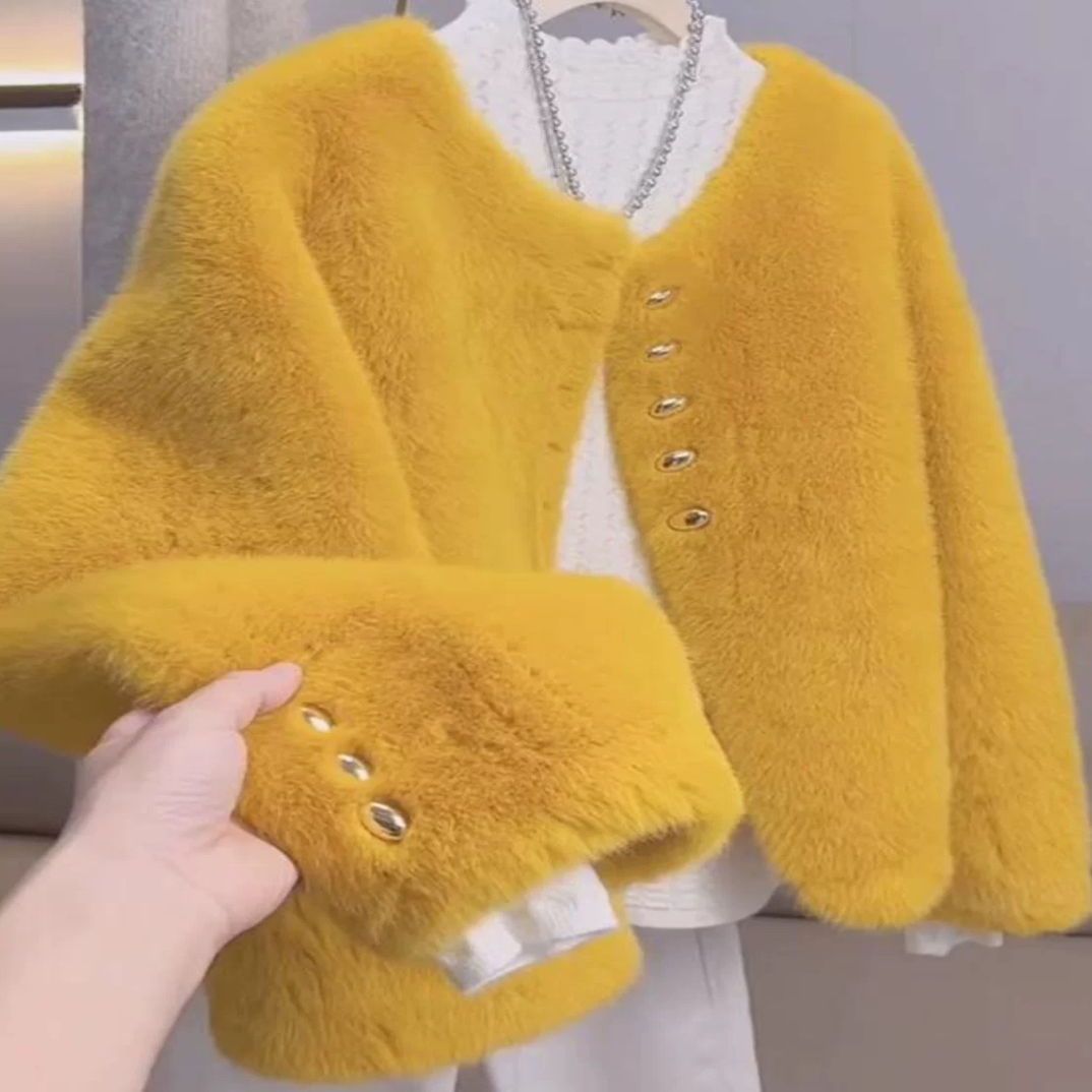 秋冬轻奢小香风圆领欧貂绒短款皮草外套女年轻洋气爆款休闲长袖