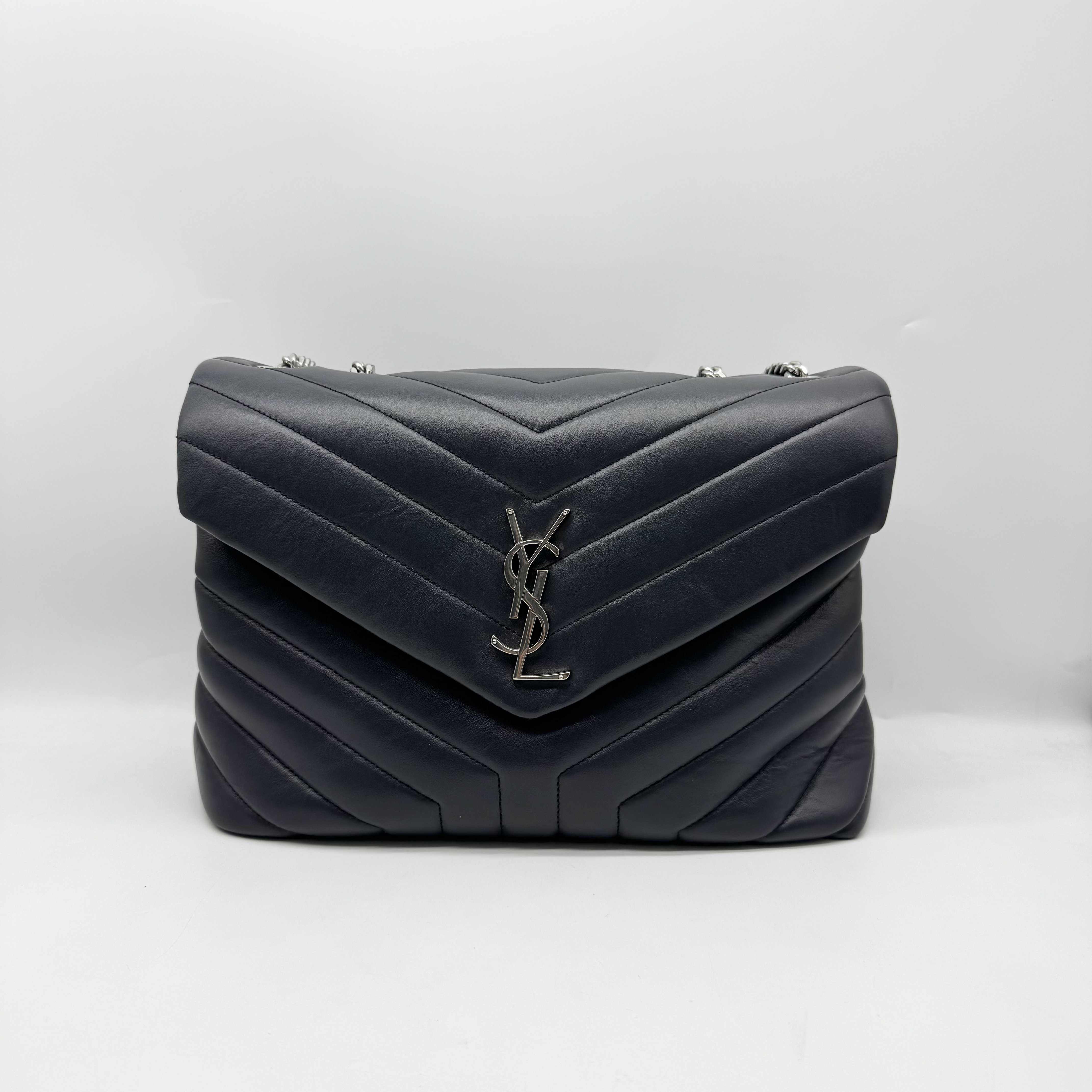 95新 YSL/圣罗兰 YSL 黑银 方胖子 loulou 中号 单肩 斜挎包