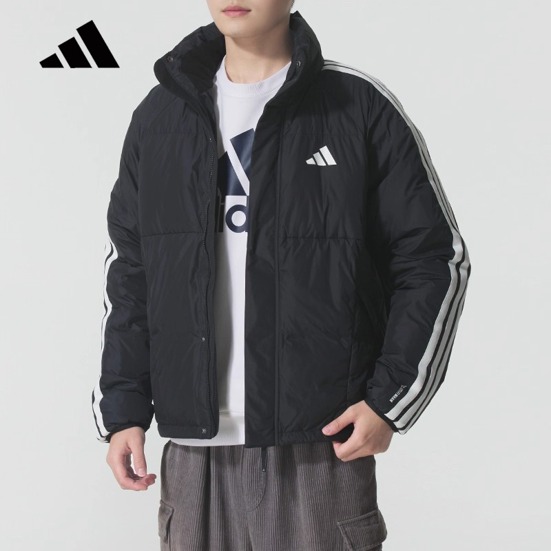 adidas/阿迪达斯冬季男款立领保暖百搭三条纹休闲外套运动羽绒服