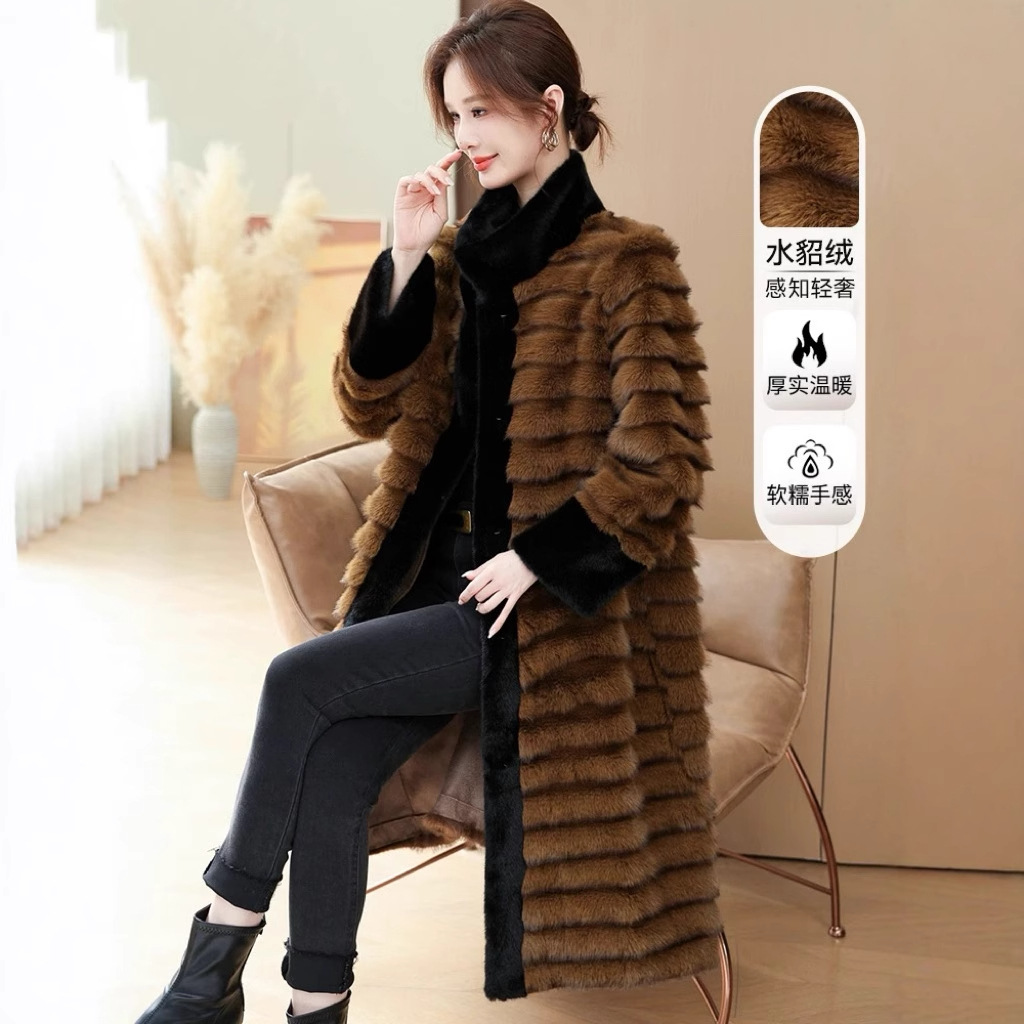 妈妈时尚皮毛一体外套水貂绒皮草高贵中长款大衣中老年女冬季大衣
