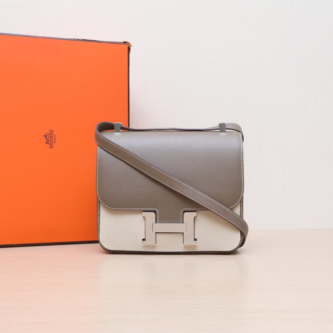 99新 Hermes/爱马仕 小花双双 康康 24 大象灰 Ep皮 D刻 银扣 