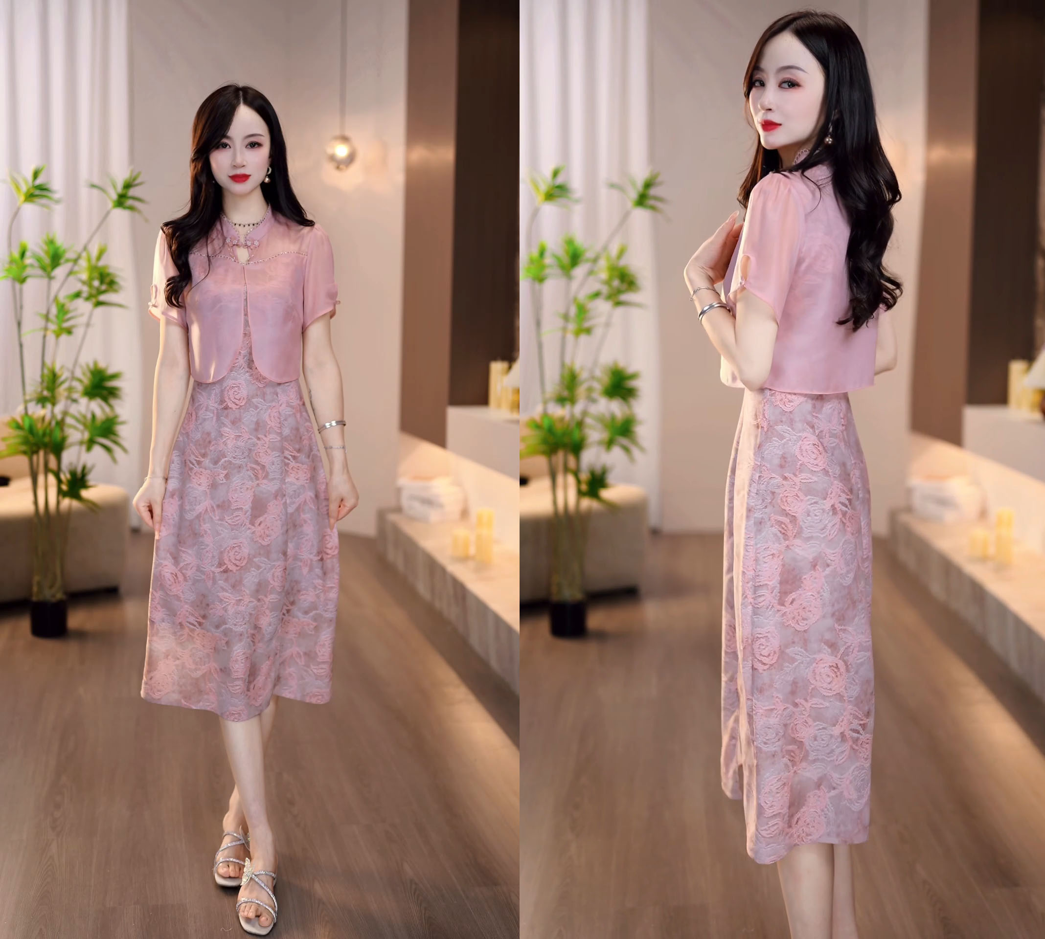 2025夏季新款粉色拼接优雅时尚气质收腰设计假两件连衣裙M-4XL