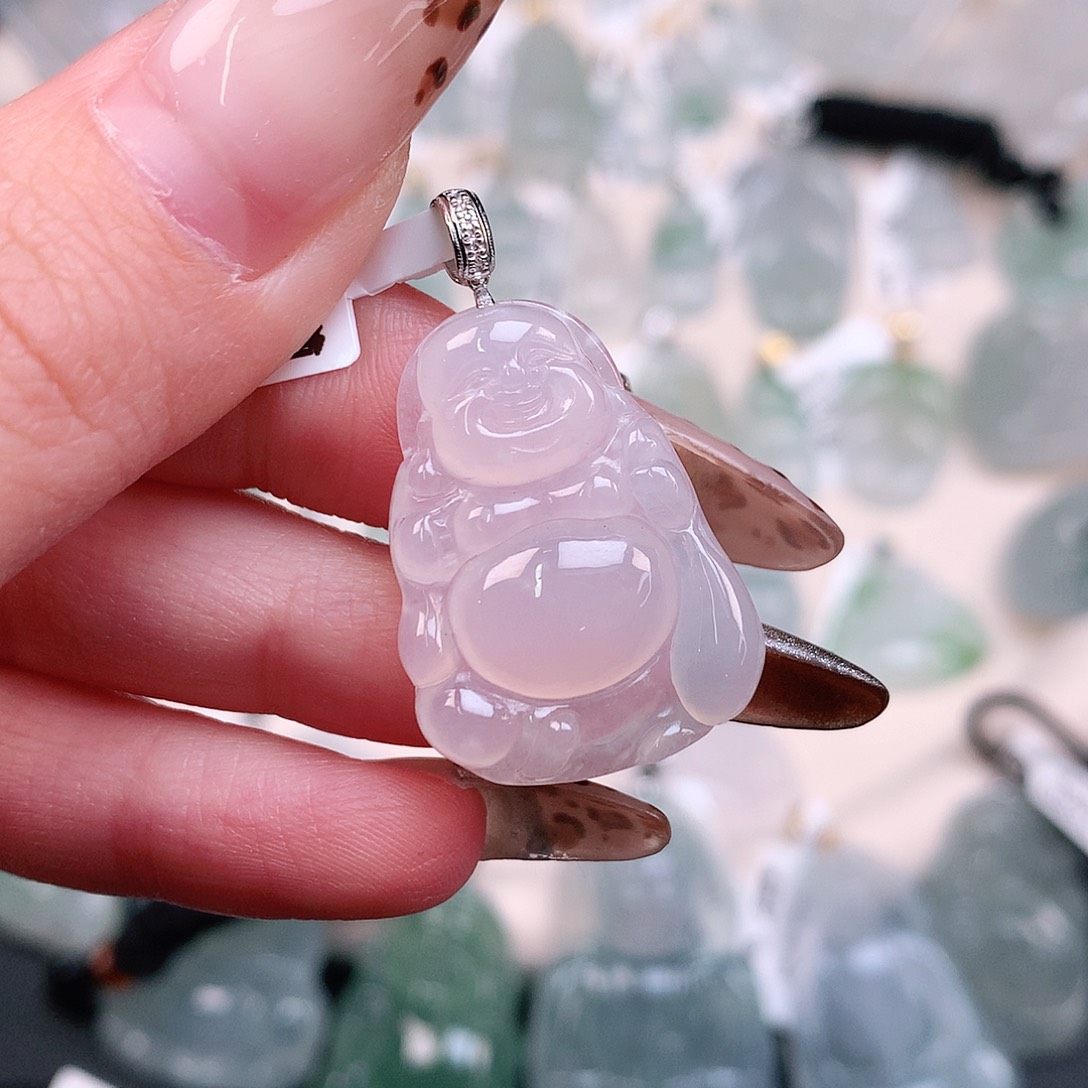 翡翠颈饰18K金镶嵌冰布袋佛33，26.6、19.5、5.5