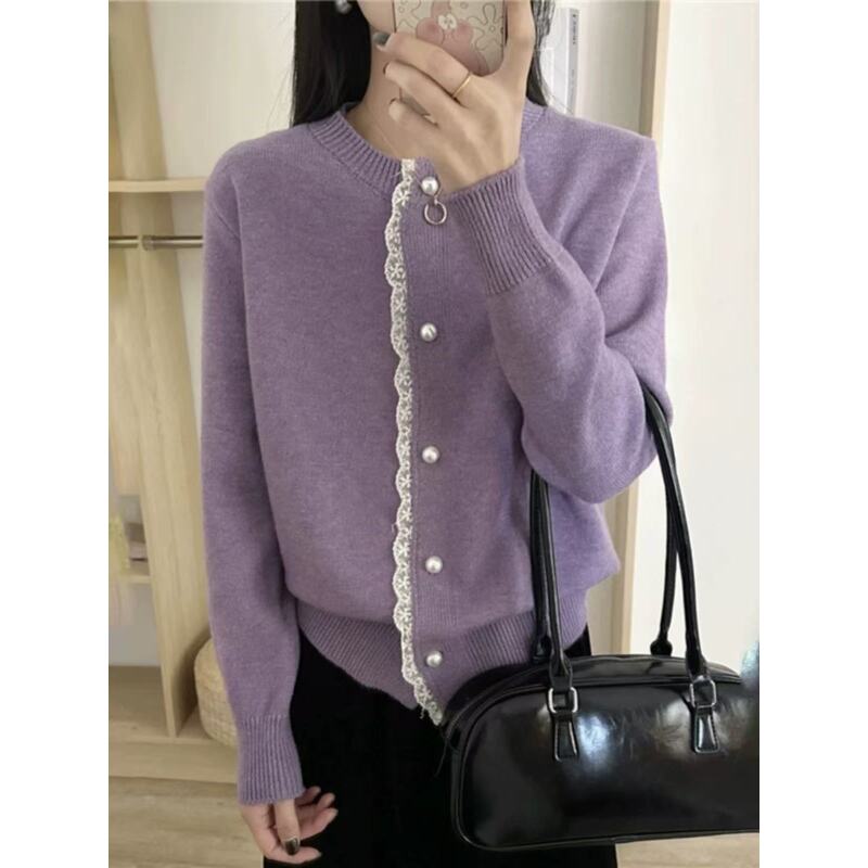 【紫色花边扣开衫】2025新款针织开衫亮色款减龄百搭显白a22