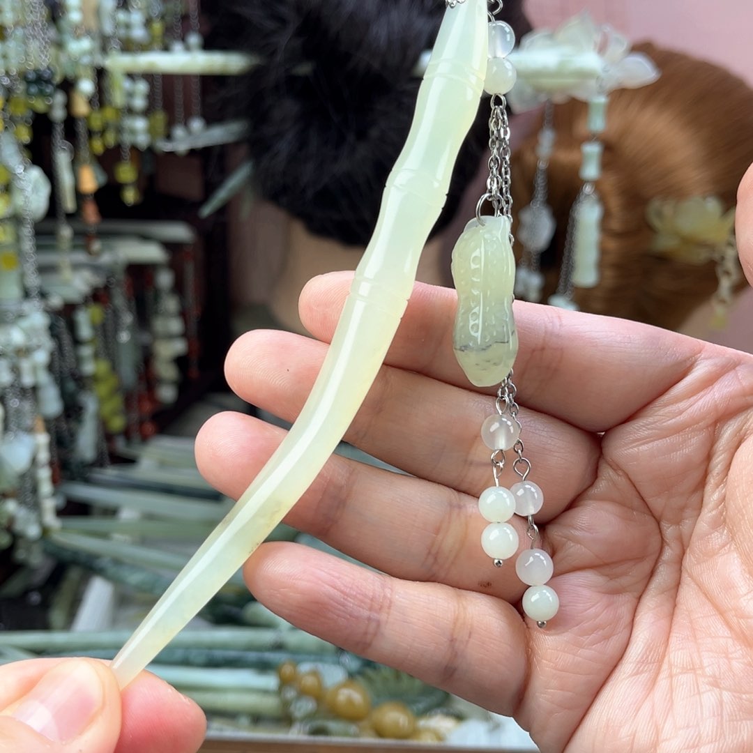 蛇纹石玉发饰未镶嵌长度14厘米左右