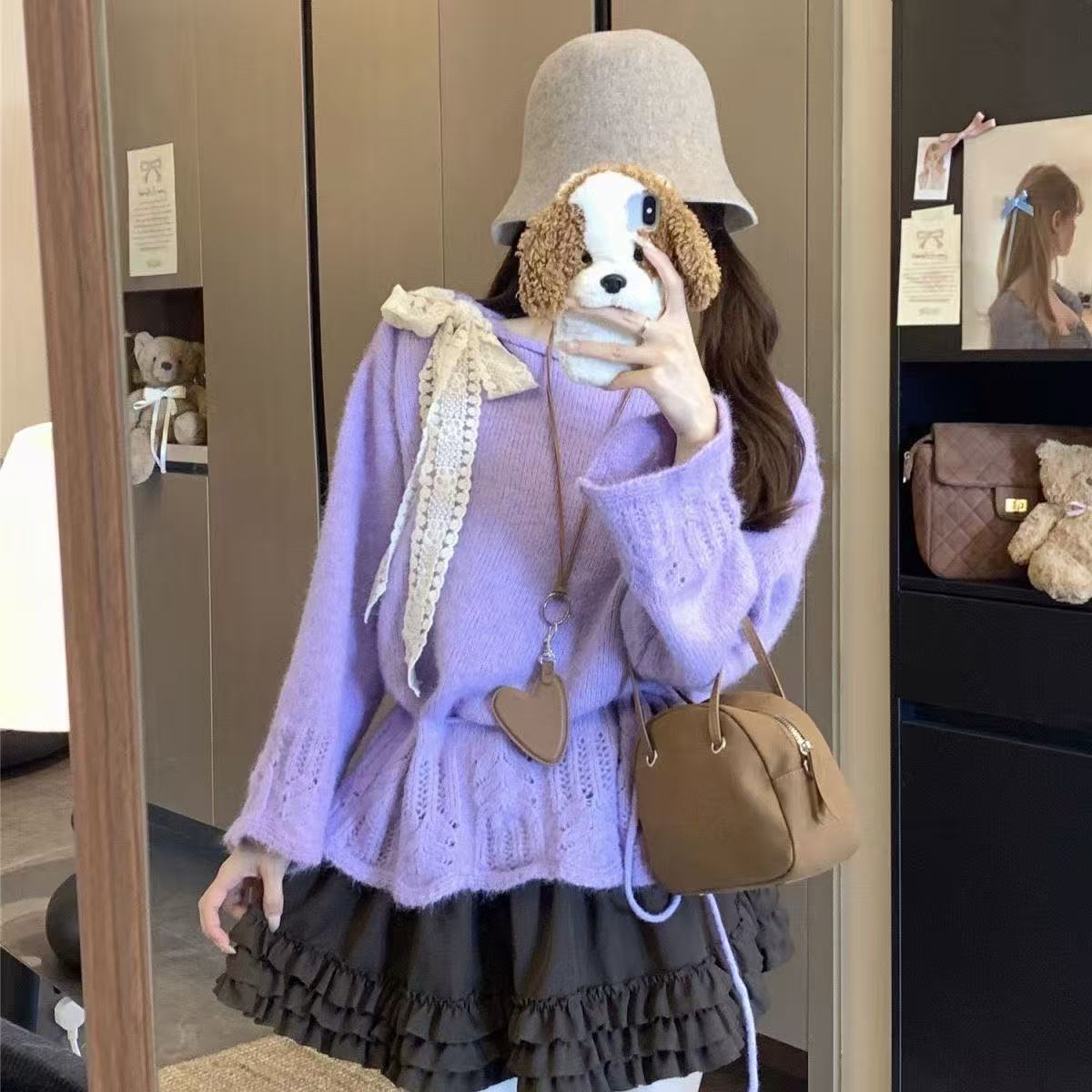 【901-995】新款秋冬圆领开衫毛衣女红色时尚百搭甜美宽松小众毛衣