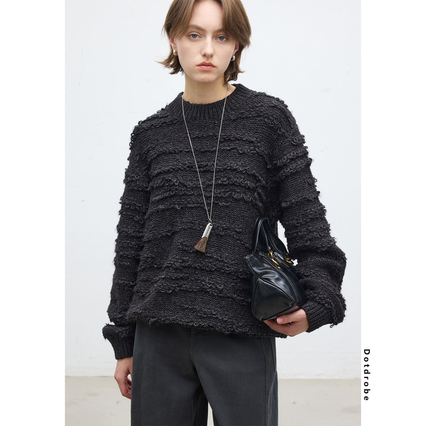 DotDrobe/多着毛圈肌理粗棒针 重工羊毛混纺套头廓形毛衣女秋冬
