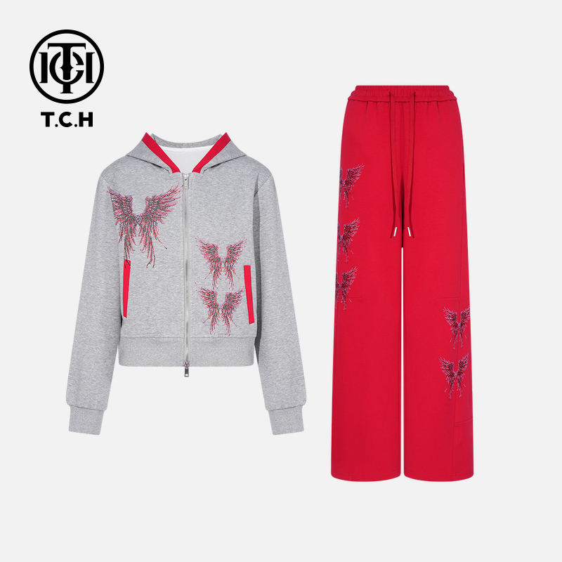 TCH私服秋款慵懒风烫钻时尚淑女红色套装T75C07E1066轻奢tch