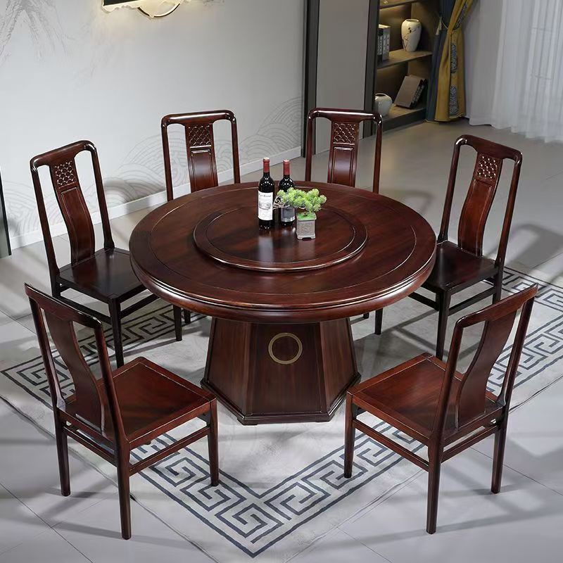 新中式乌金木全实木餐桌椅组合圆桌餐桌酒店家用餐桌
