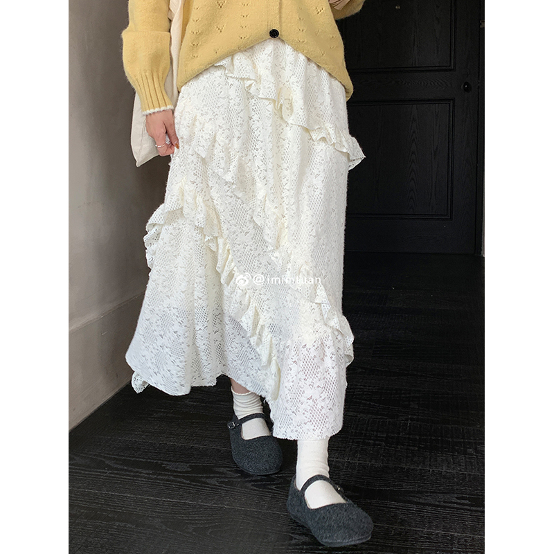 法式温柔风蕾丝半身裙女秋冬季韩系气质显瘦荷叶边时尚韩版长裙子