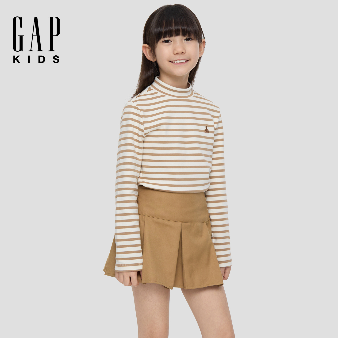 Gap男女童2025冬季新款小熊刺绣半高领条纹长袖休闲保暖T恤869793
