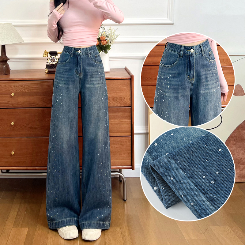 复古蓝重工烫钻阔腿牛仔裤女秋装2025新款高腰宽松闪钻直筒裤