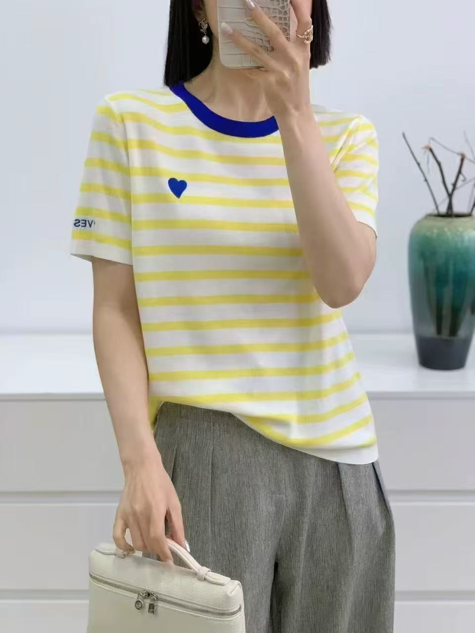 欧货高品质爱心刺绣条纹针织衫T恤女2025春夏新款1123