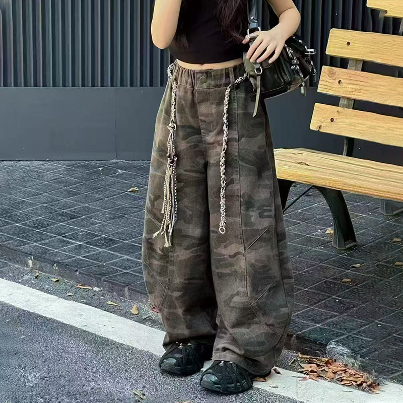 女大童迷彩弯刀裤秋季2025高腰个性抽绳百搭显瘦初中生阔腿裤时髦