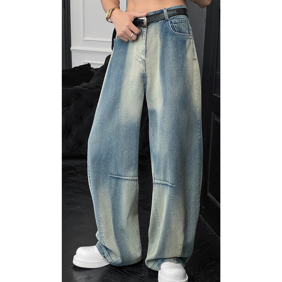 龙叨叨春夏新款美式休闲设计感牛仔裤男复古高街vibe休闲弯刀裤潮