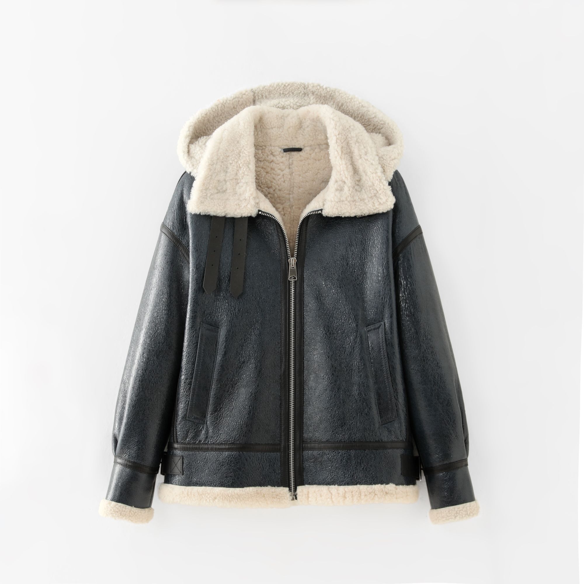 连帽廓形皮毛一体外套保暖皮草大衣拼接女款防风保暖 37115