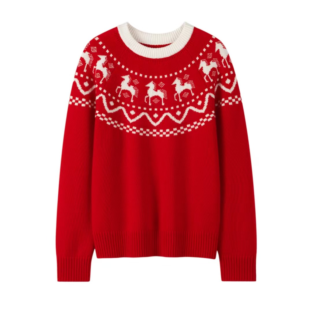 品牌同款羊绒衫女100纯山羊绒红色本命年小马针织毛衣打底衫上衣