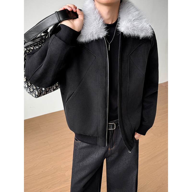 PLQV新款冬季2025毛领麂皮加厚棉衣外套宽松百搭休闲运动高街情侣