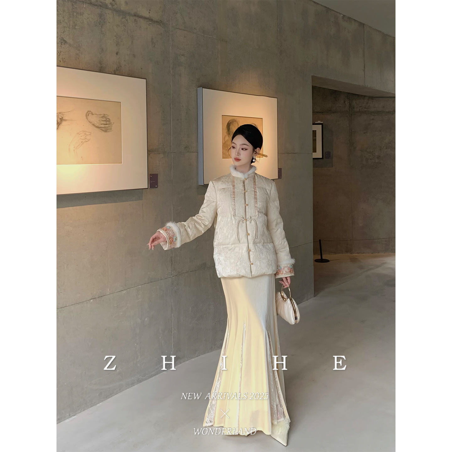 无艳一禾【琉璃雪】新中式原创提花水貂毛白鸭绒+丝绒半裙