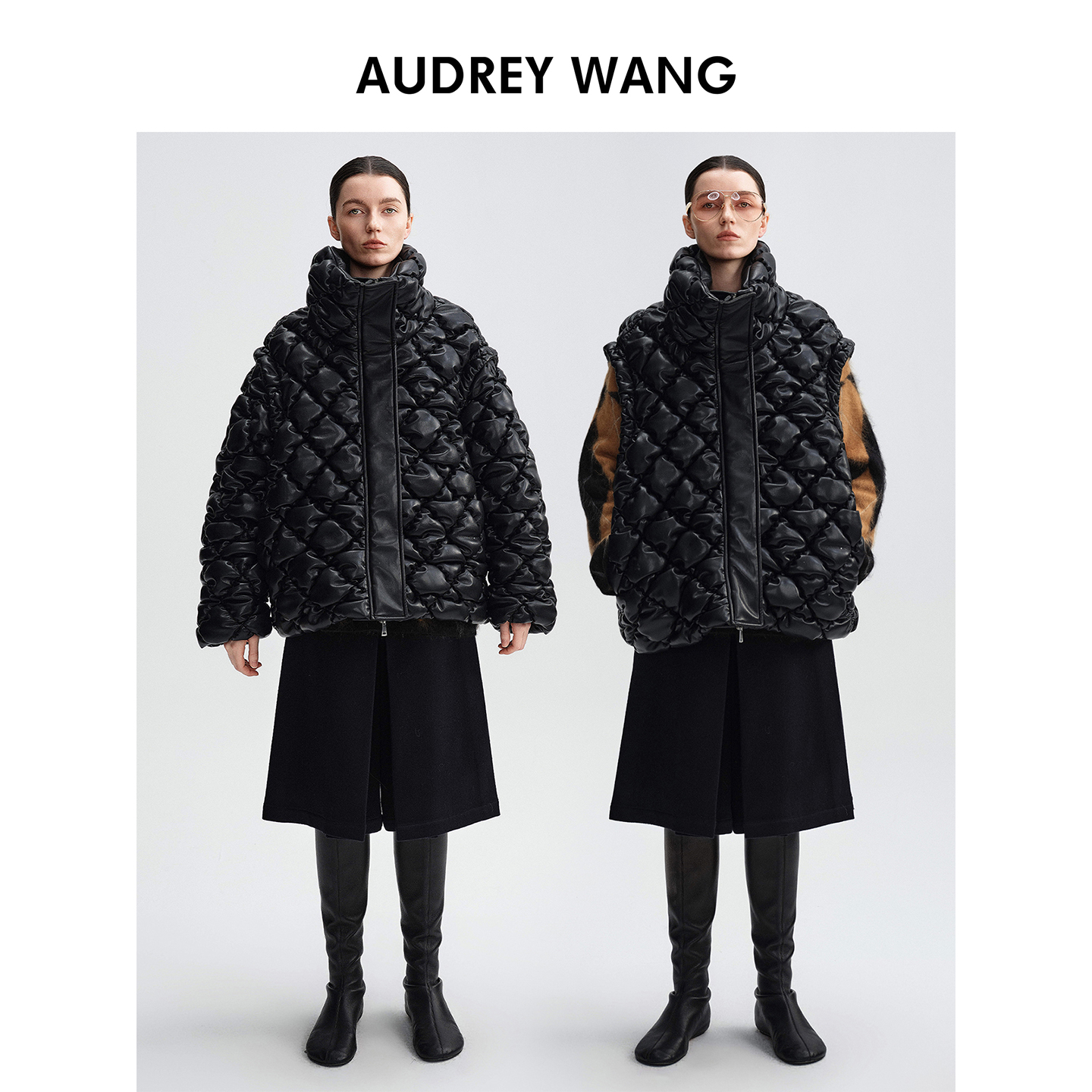 AUDREYWANG“巴蒂斯特”袖子可拆卸菱形格羽绒服外套13499