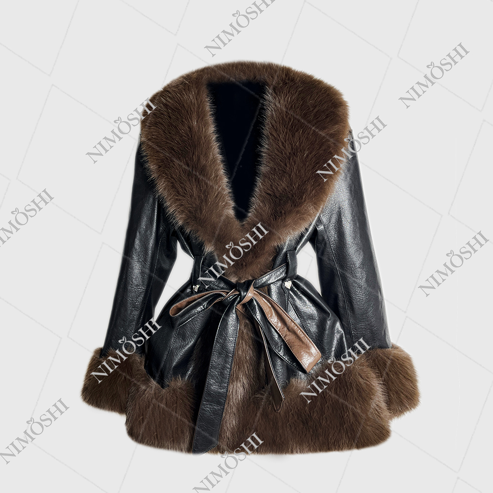 NIMðSHI【美美】韩系感收腰减龄毛外套拼接皮百搭款P1011