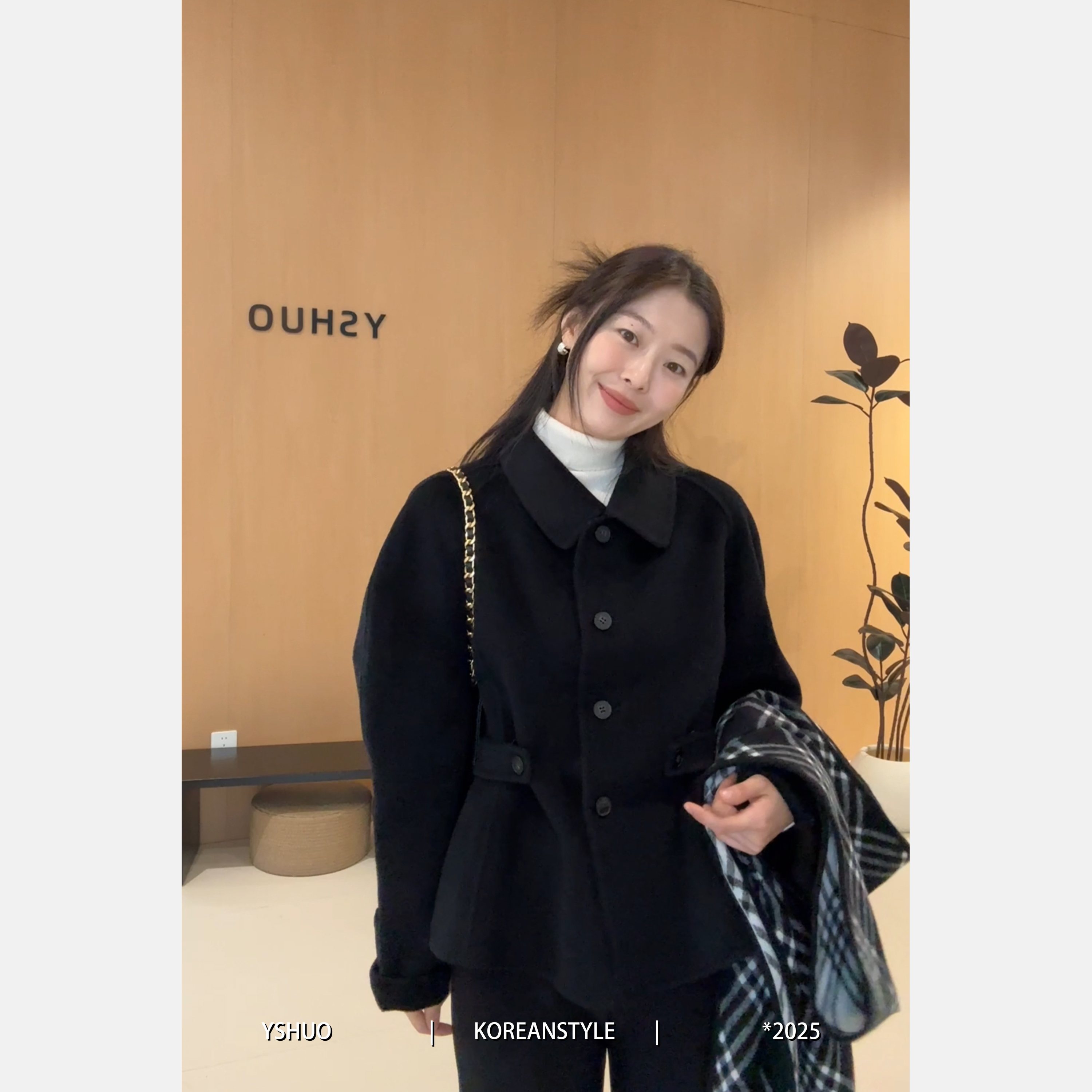 YSHUO【暮色花苞】95羊毛5羊绒韩系毛呢翻领气质收腰复古外套 33026