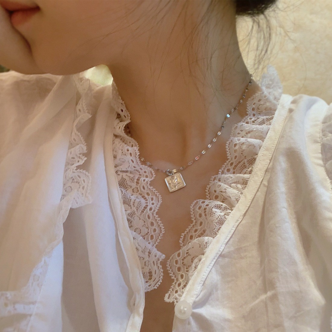 坠链均925银 925纯银方牌玫瑰花项链女简约轻奢精致高级感锁骨链
