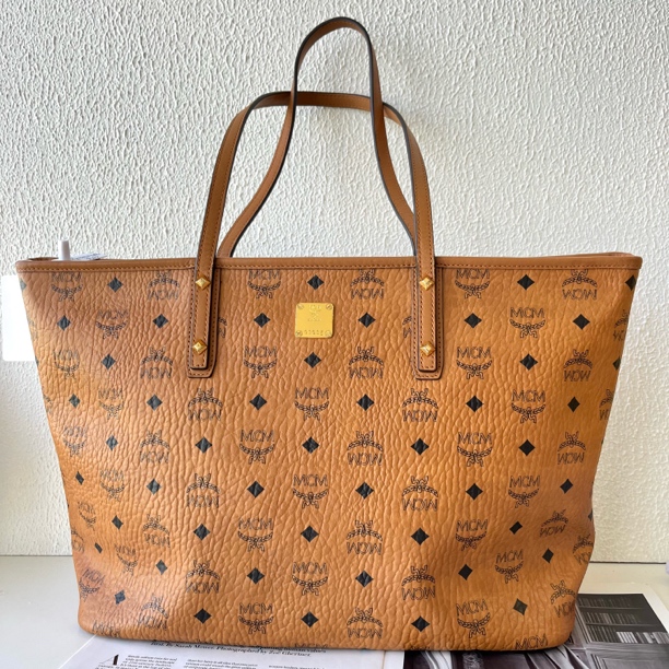 99新 MCM XM/干邑色满印老花托特购物袋手提单肩包/WJ03131518