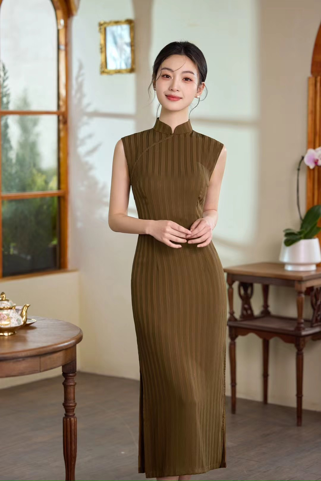 [非晚]2025春夏季日常气质少女显瘦旗袍-棕-S