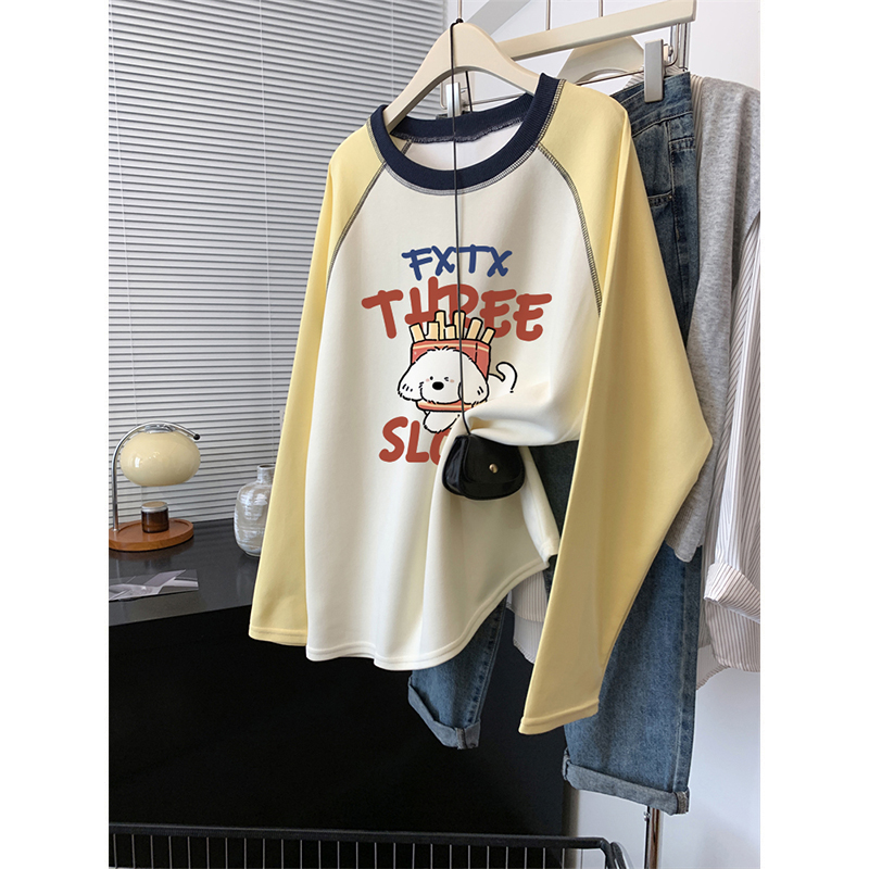 胖mm磨毛印花内搭长袖T恤打底衫女装春秋季新款大码宽松200斤上衣
