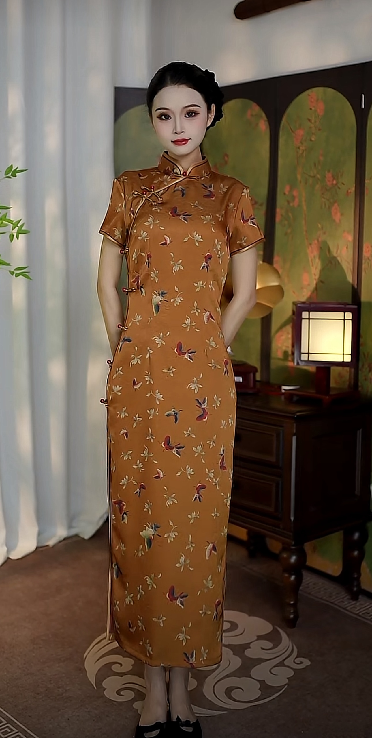 金缕 新款日常丝类印花短袖复古气质优雅旗袍