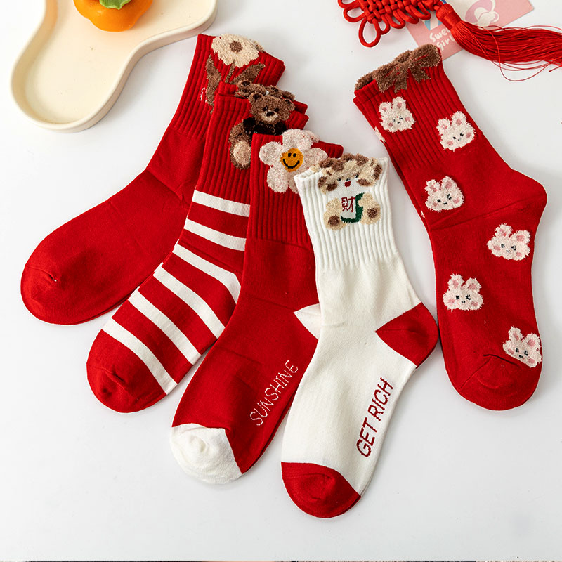 女生红色保暖新年袜ins百搭植绒刺绣圣诞节/新年/本命年中筒棉袜