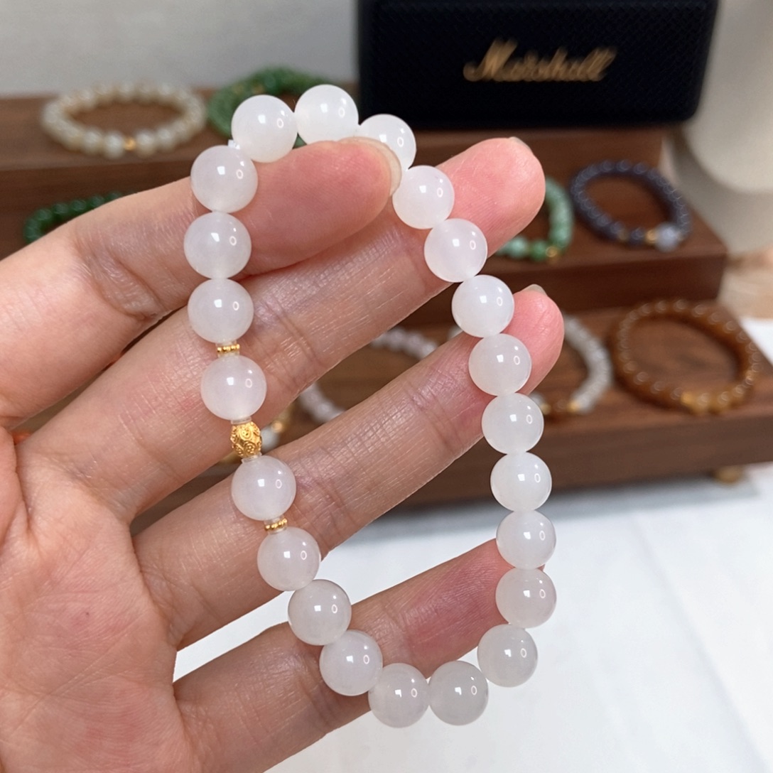 手链18K金镶嵌和田玉8mm白玉精品