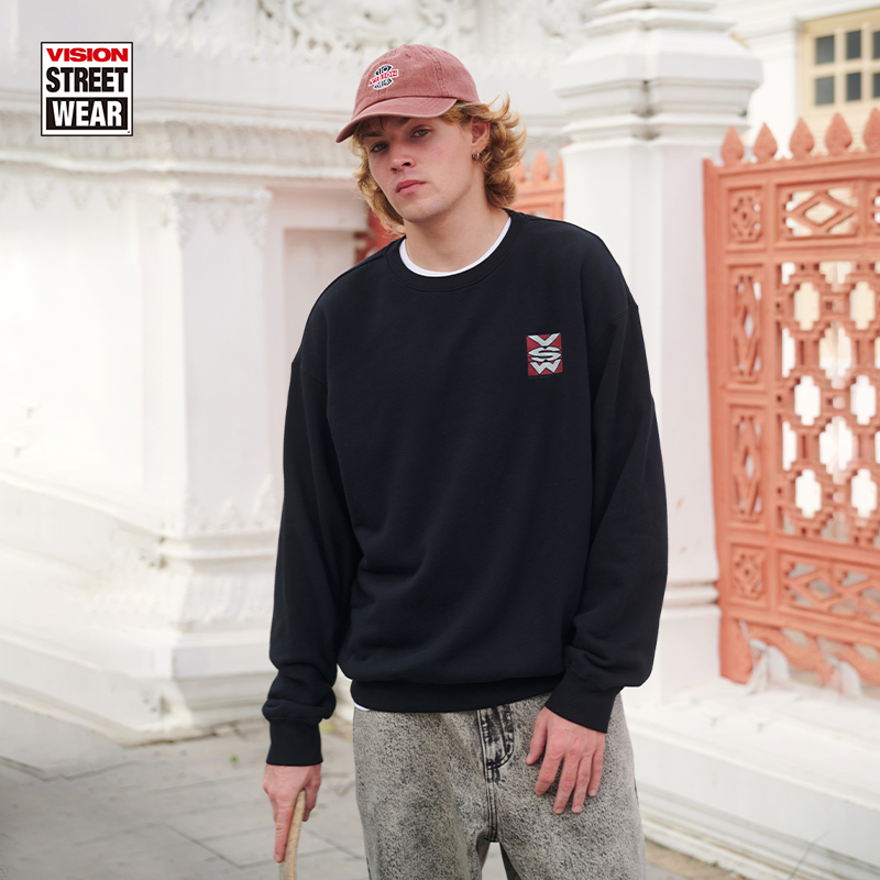 VISION 复刻历史VSW印花做旧套头宽松圆领运动长袖休闲秋季