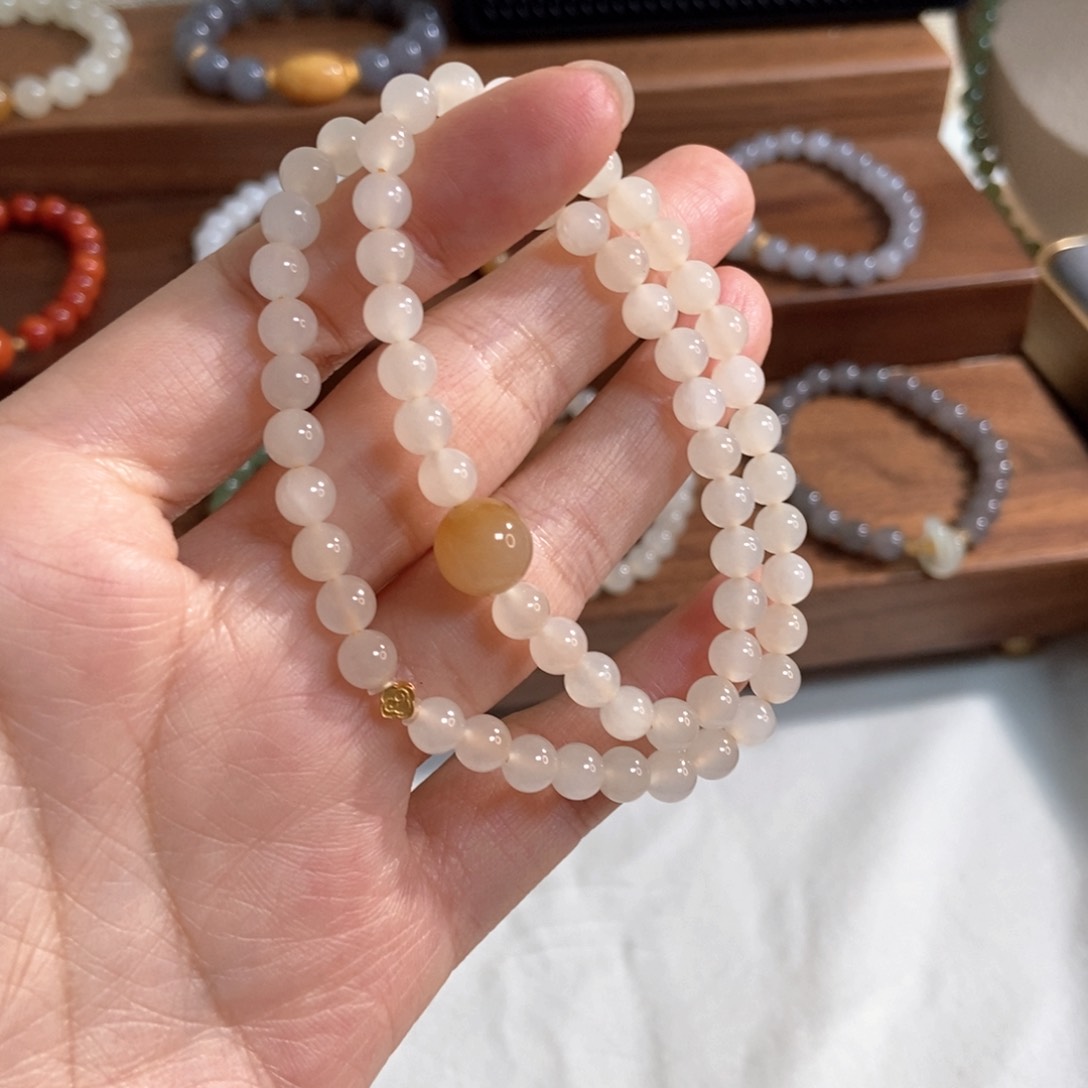 和田玉手链18K金镶嵌6mm蜂蜜水双圈冰底