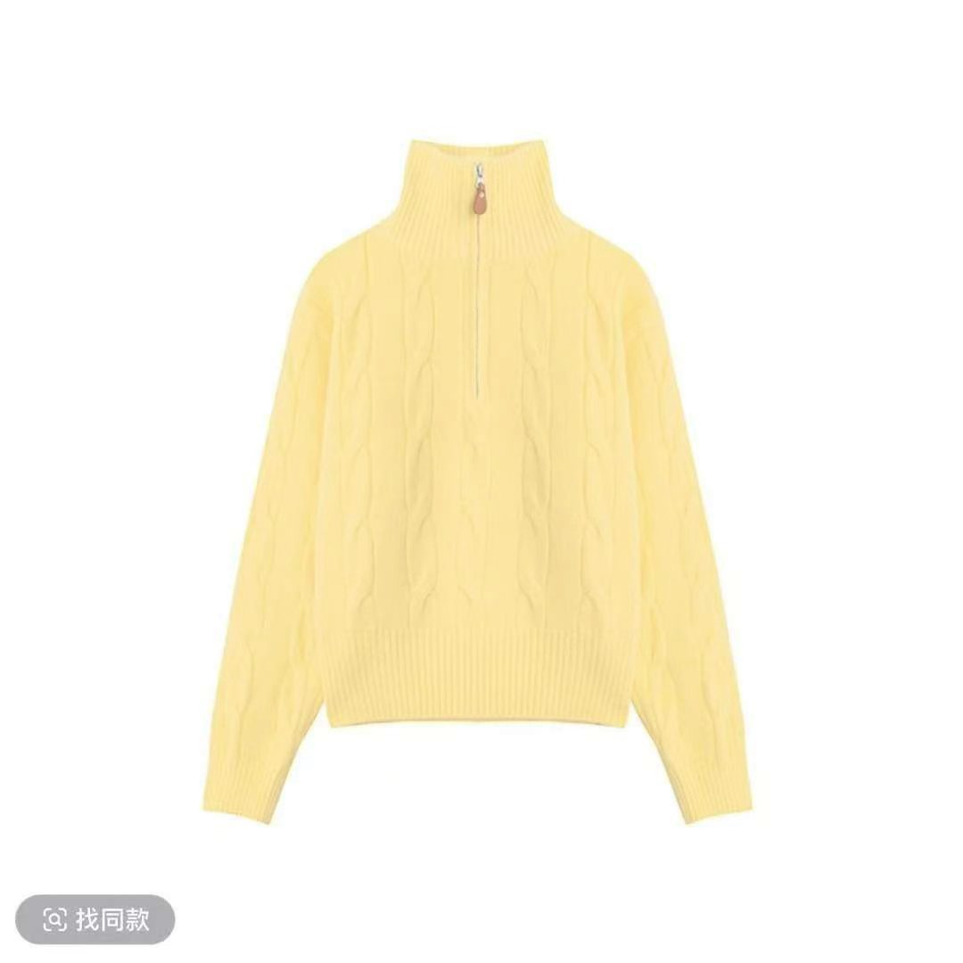 【灵动少女】高领拼皮拉链麻花纹减龄百搭针织衫