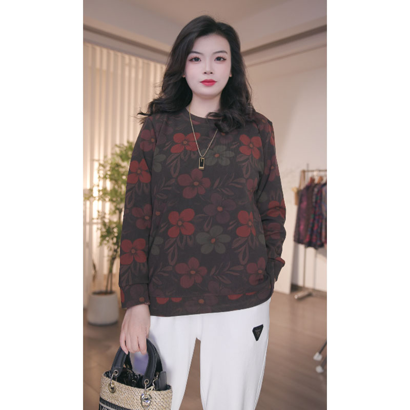 大码休闲常规女宽松型文艺圆领印花时尚减龄长袖