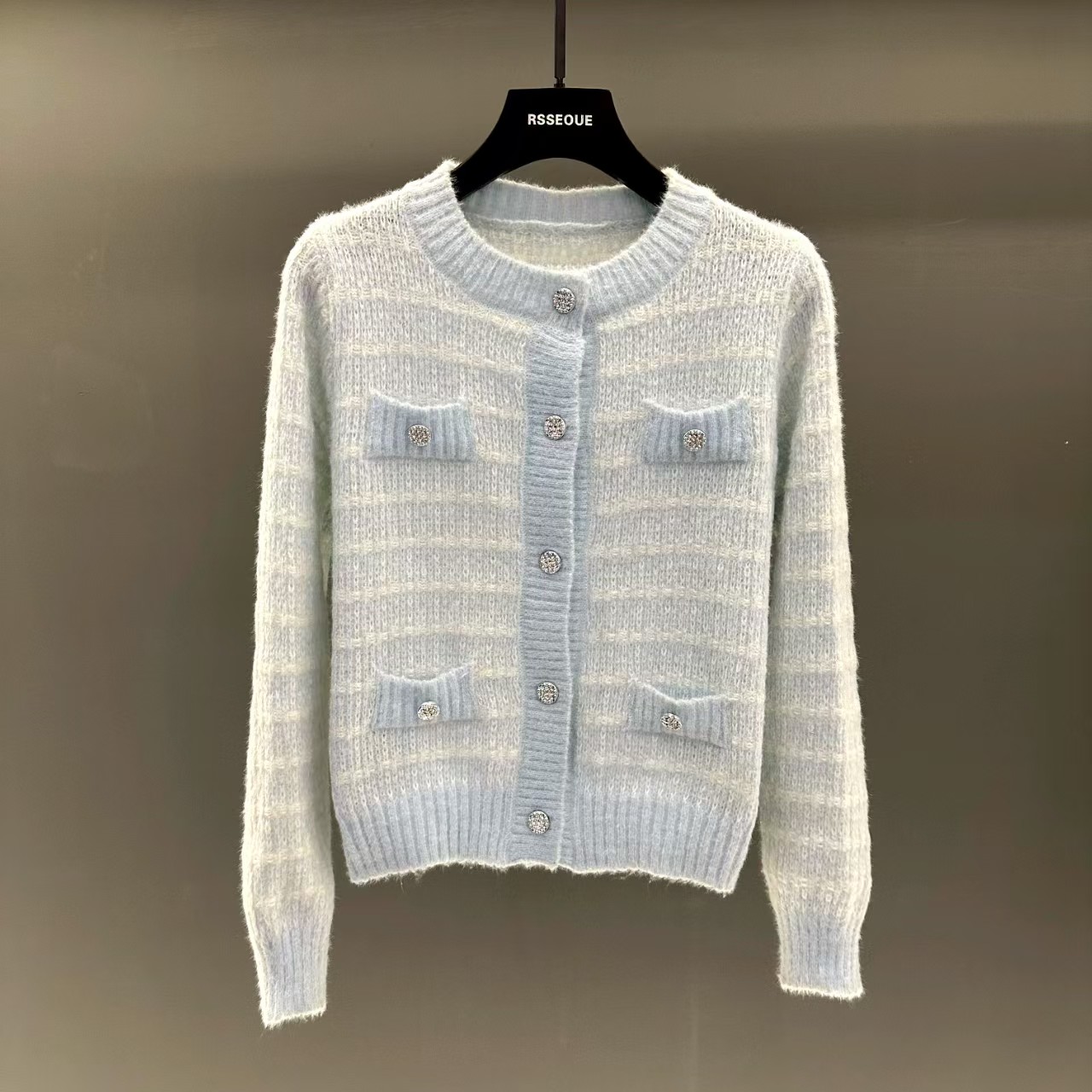 小香风蓝色圆领毛衣外套女2025早秋高级感名媛风针织开衫Z9469