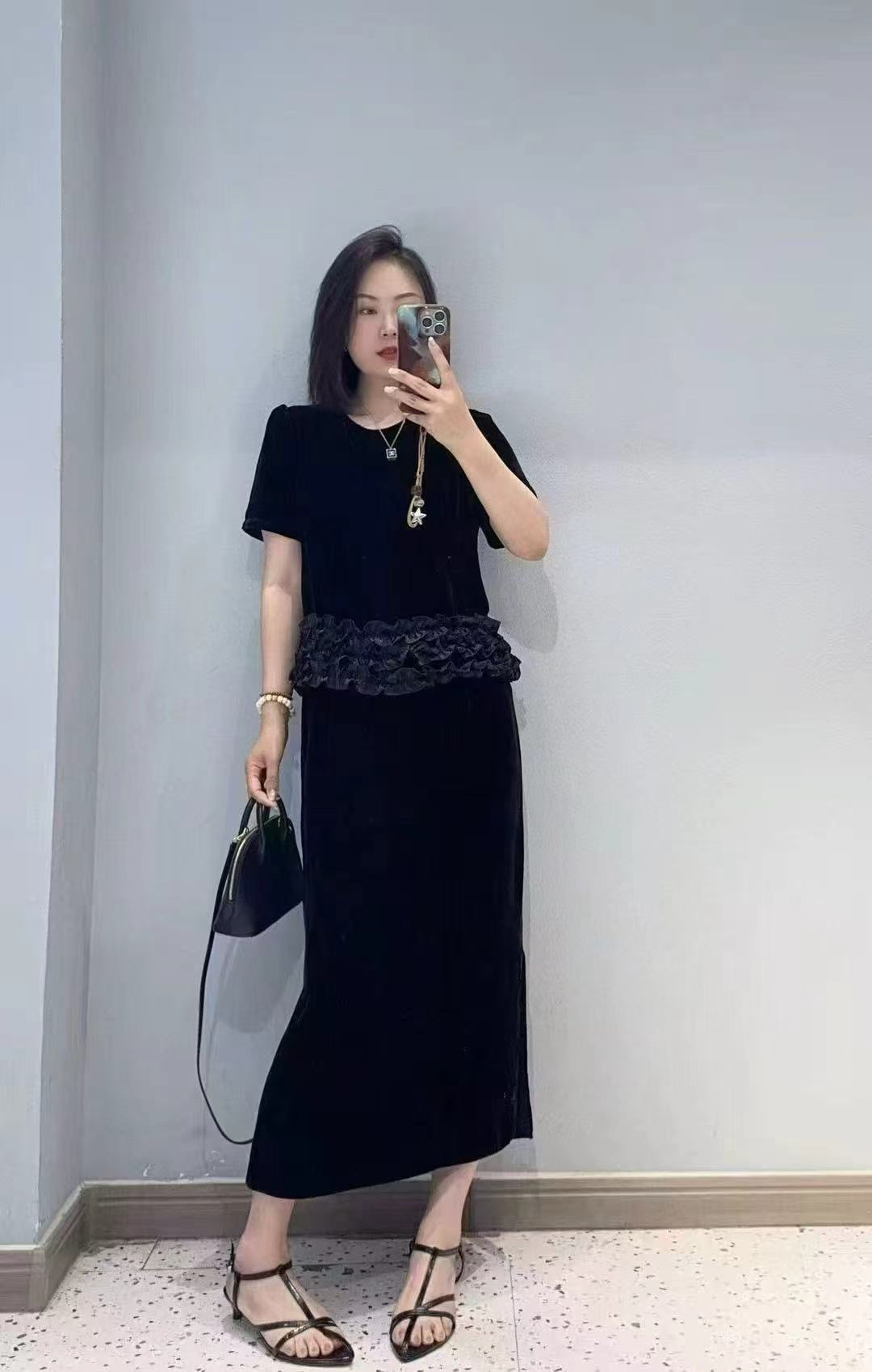 手工精致木耳边桑蚕丝真丝丝绒拼接短袖时尚气质套装